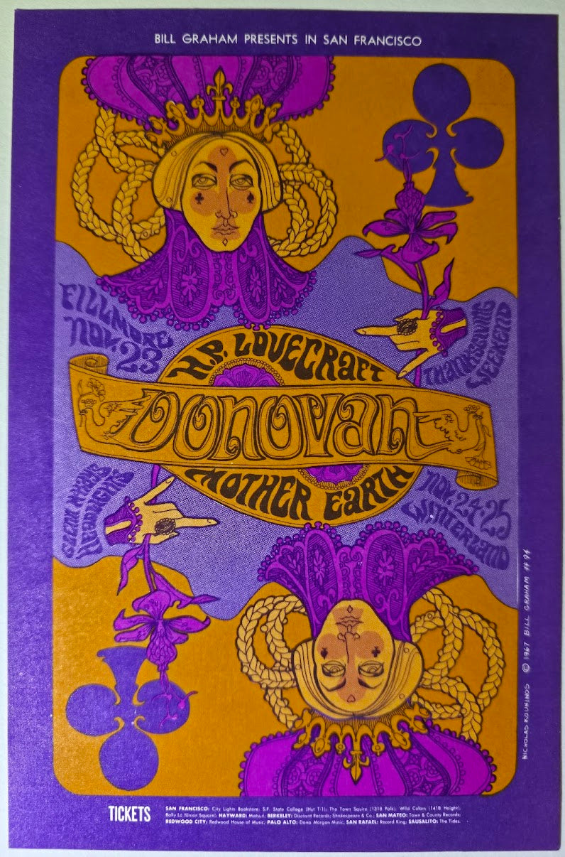 Donovan, H.P. Lovecraft, Mother Earth, The Fillmore by Nicholas Kouninos - November 23-25, 1967 - Vintage Postcard