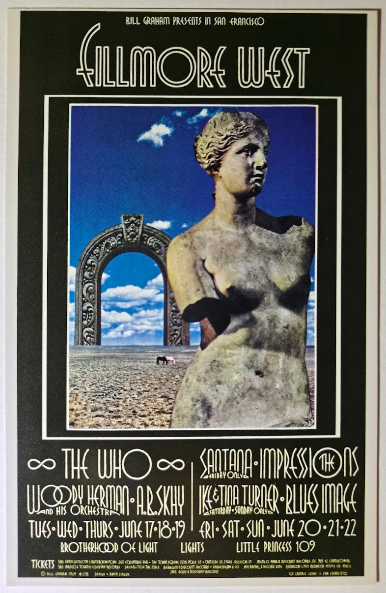 The Who, Santana, Ike & Tina Turner, The Fillmore West by David Singer - June 17-22, 1969 - Vintage Postcard