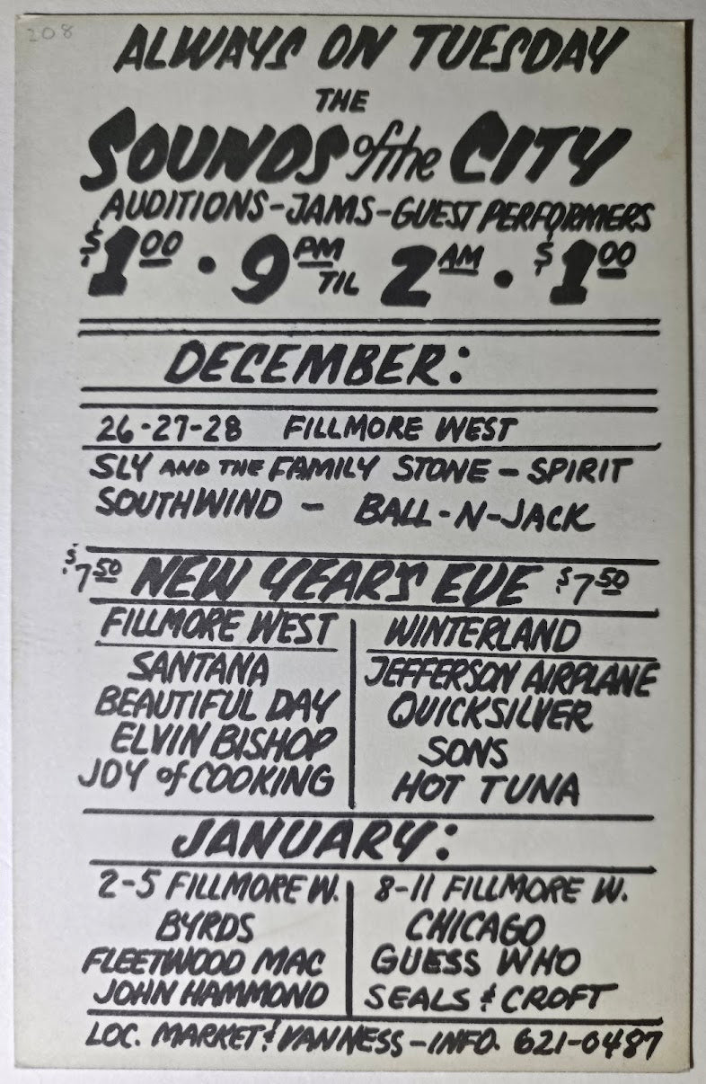 Sly & The Family Stone, Spirit, Southwind, Ballin' Jack, Winterland by David Singer - December 26-28, 1969 - Vintage Handbill