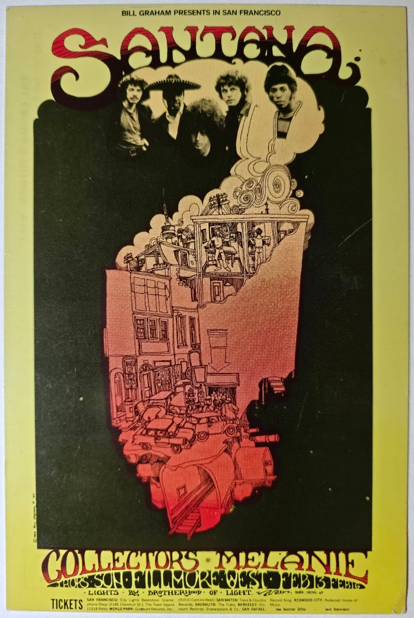 Santana, Collectors, Melanie, The Fillmore West by Greg Irons - February 13-16, 1969 - Vintage Postcard