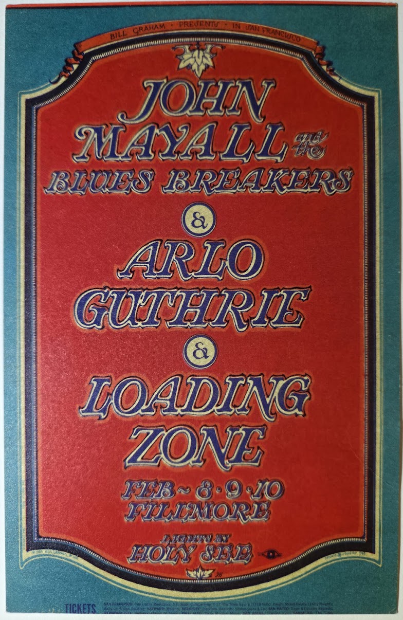 John Mayall, Arlo Guthrie, The Loading Zone, The Fillmore by Stanley Mouse - February 8-10, 1968 - Vintage Postcard
