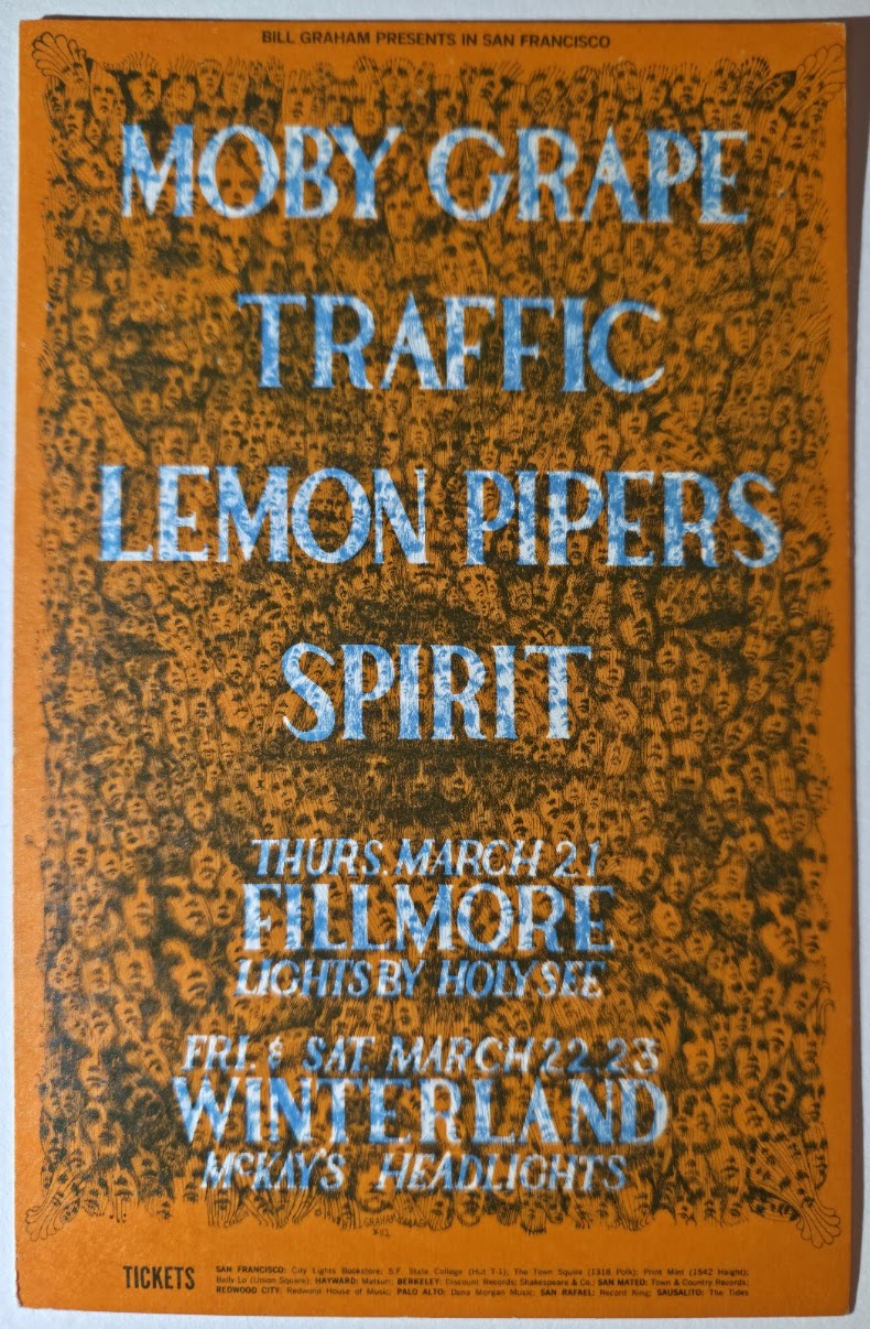 Moby Grape, Traffic, The Lemon Pipers, Spirit, The Fillmore by Lee Conklin - March 21-23, 1968 - Vintage Postcard