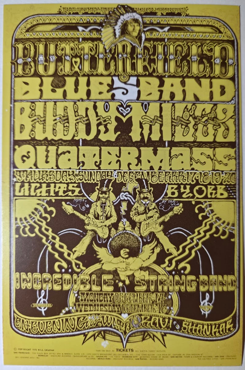 The Paul Butterfield Blues Band, Buddy Miles, The Incredible String Band, Ravi Shankar, The Fillmore West by Norman Orr - December 14-20, 1970 - Vintage Handbill