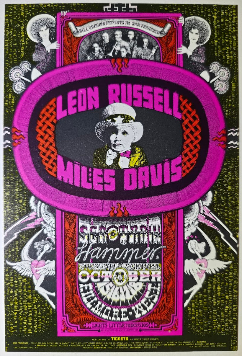 Leon Russell, Miles Davis, Seatrain, Hammer, The Fillmore West by Norman Orr - October 15-18, 1970 - Vintage Handbill