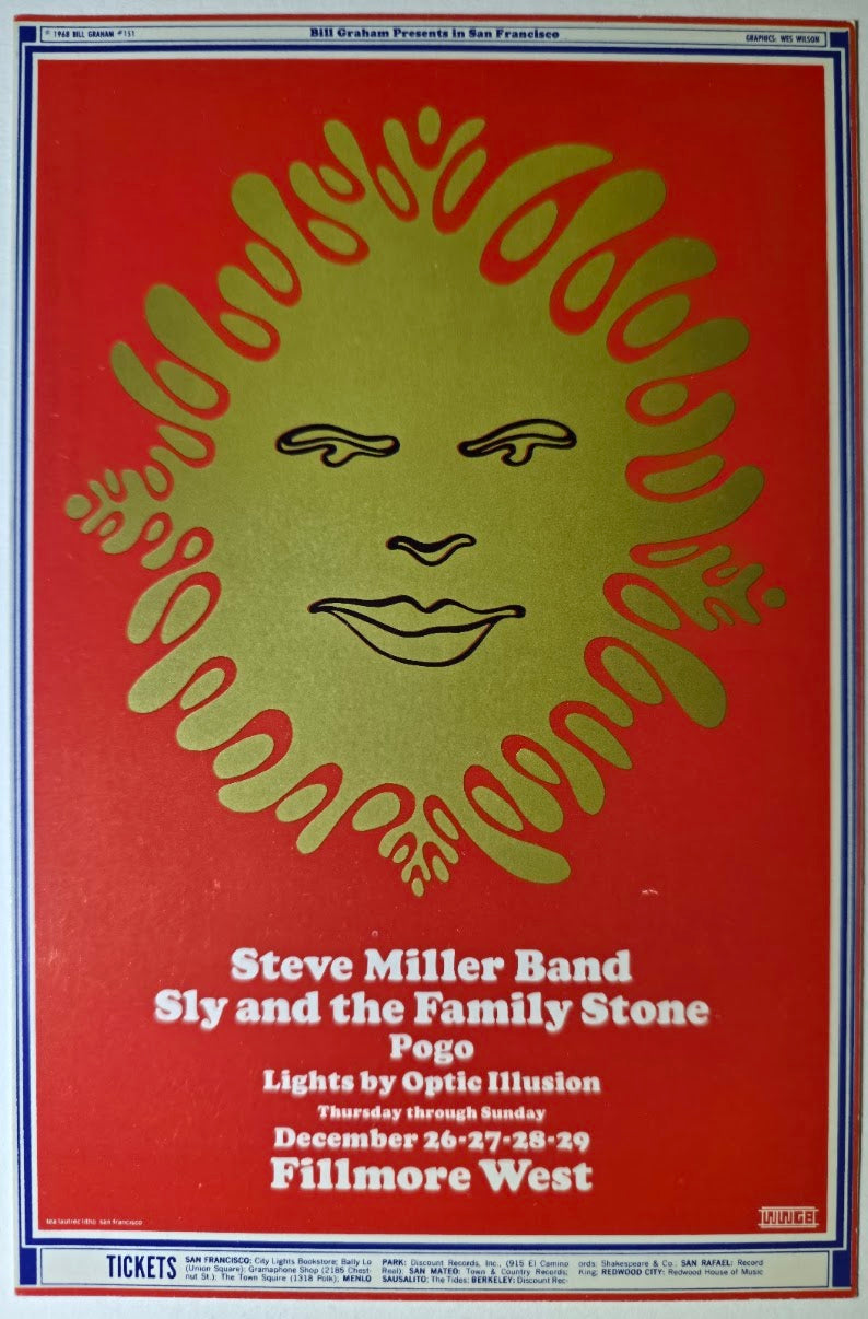 Steve Miller Band, Sly & The Family Stone, Pogo, The Fillmore West by Wes Wilson - December 26-29, 1968 - Vintage Postcard