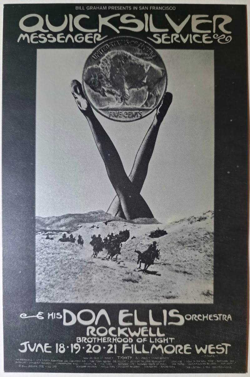 Quicksilver Messenger Service, Sha Na Na, Rockwell, The Fillmore West by David Singer - June 18-21, 1970 - Vintage Handbill