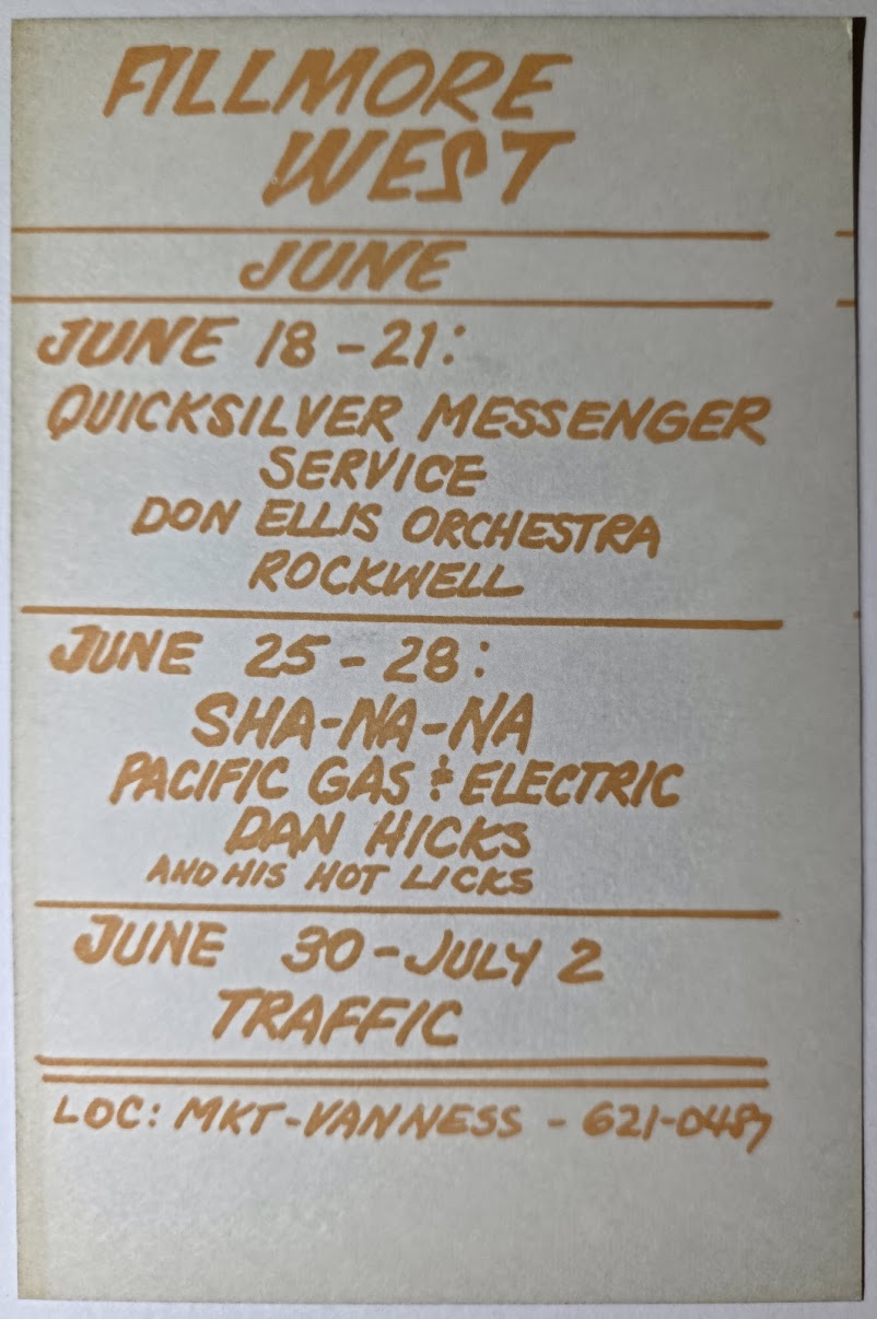 Quicksilver Messenger Service, Sha Na Na, Rockwell, The Fillmore West by David Singer - June 18-21, 1970 - Vintage Handbill