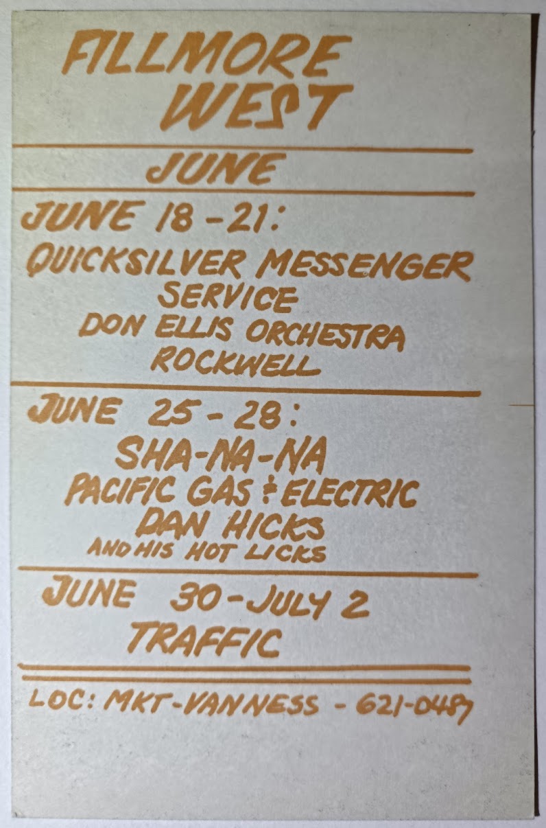 Quicksilver Messenger Service, Sha Na Na, Rockwell, The Fillmore West by David Singer - June 18-21, 1970 - Vintage Handbill