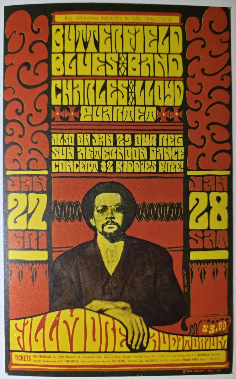 The Paul Butterfield Blues Band, Charles Lloyd Quartet, The Fillmore by Wes Wilson - January 27-28, 1967 - Vintage Postcard