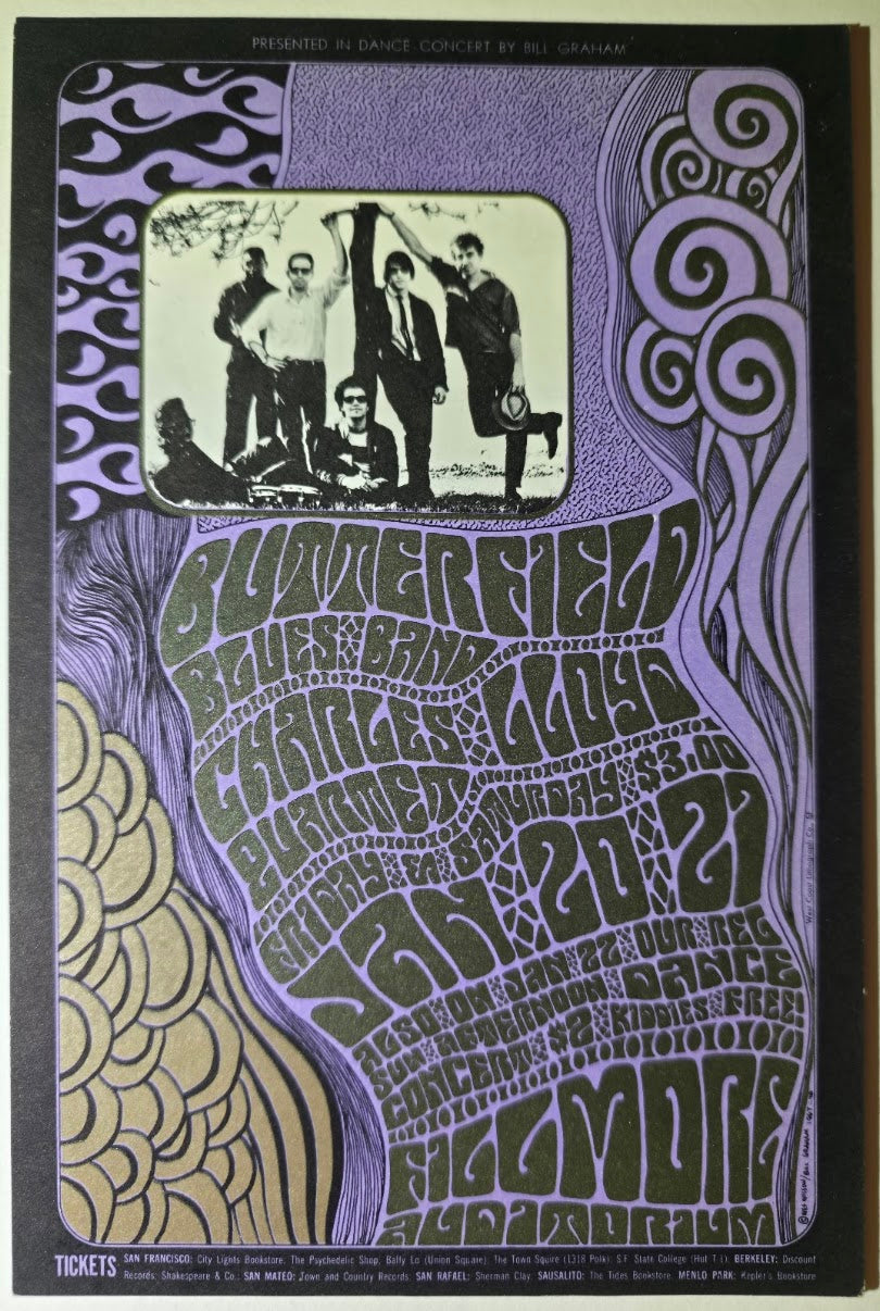 The Paul Butterfield Blues Band, Charles Lloyd Quartet, The Fillmore by Wes Wilson - January 20, 1967 - Vintage Postcard