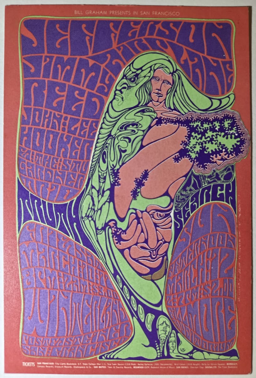Jefferson Airplane, Jimmy Reed, John Lee Hooker, The Fillmore, Winterland by Wes Wilson - March 10-12, 1967 - Vintage Postcard