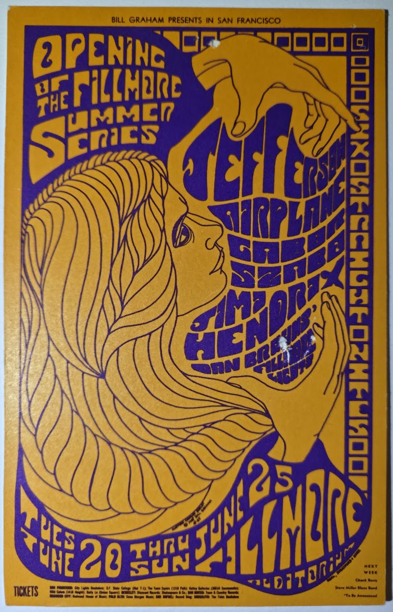 Jimi Hendrix, Jefferson Airplane, The Fillmore by Clifford Charles Seeley - June 20-25, 1967 - Vintage Handbill