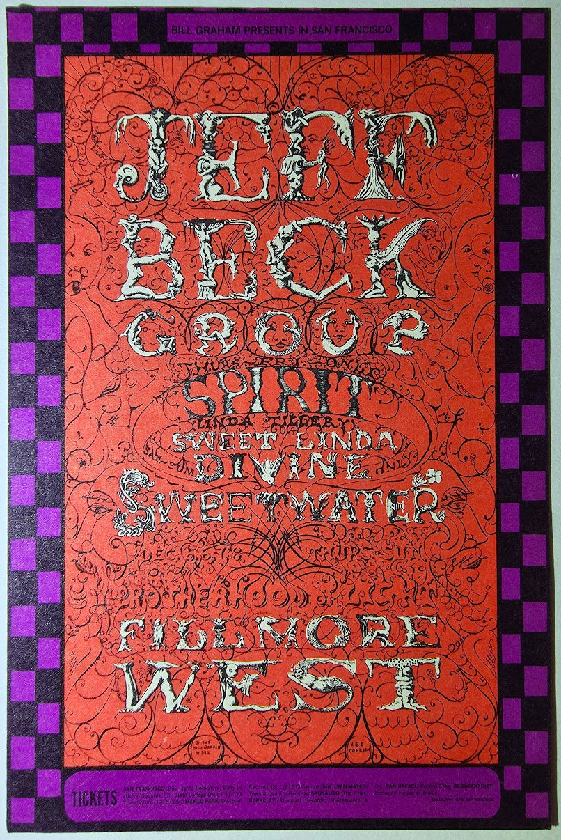 Jeff Beck Group, Spirit, Sweetwater, The Fillmore by Lee Conklin - December 5-8, 1968 - Vintage Handbill