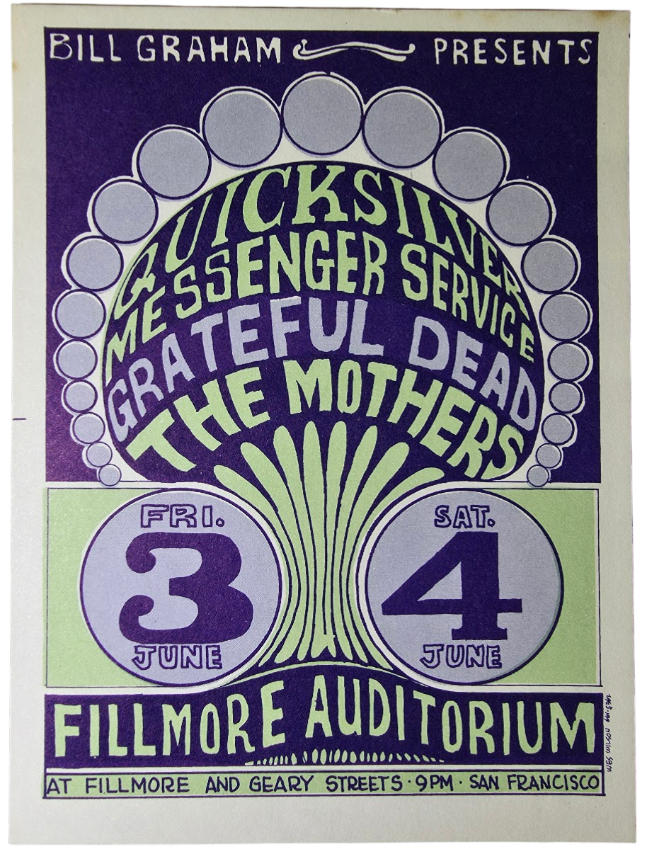 Quicksilver Messenger Servivce, The Grateful Dead, The Mothers, The Fillmore by Wes Wilson - June 3-4, 1966 - Vintage Postcard