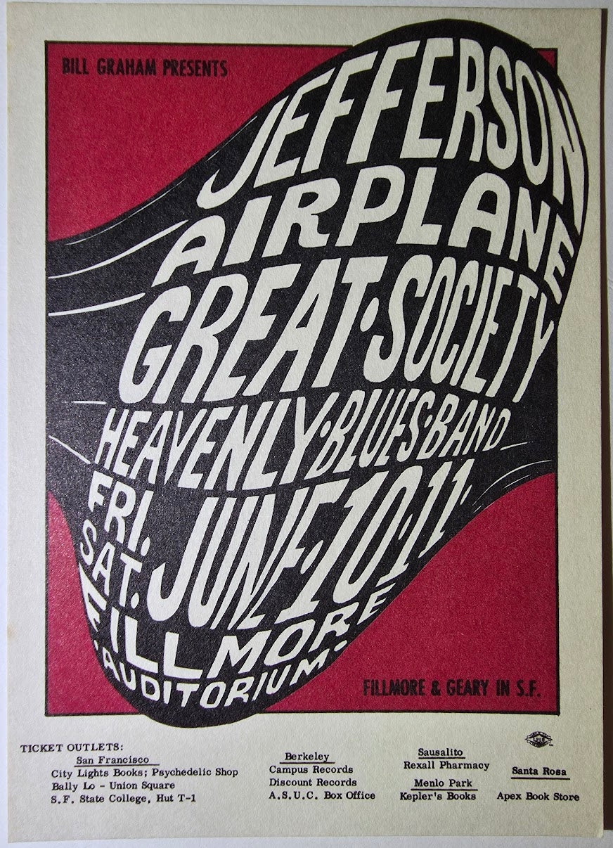 Jefferson Airplane, Great Society, The Heavenly Blues Band, The Fillmore by Wes Wilson - June 10-11, 1966 - Vintage Postcard