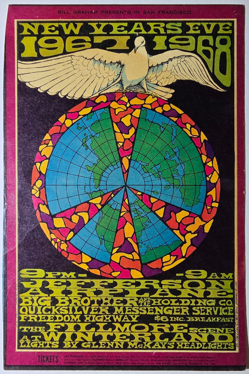 Jefferson Airplane, Big Brother & The Holding Co, Quicksilver Messenger Service, Winterland by Bonnie MacLean - December 31, 1967 - Vintage Handbill