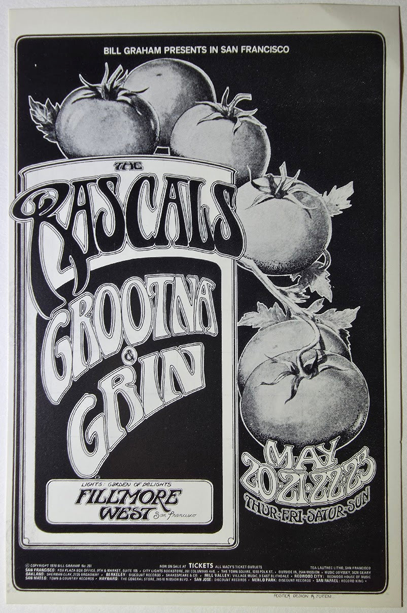 The Rascals, Grootna, Grin, The Fillmore West by Randy Tuten - May 20-23, 1971 - Vintage Handbill