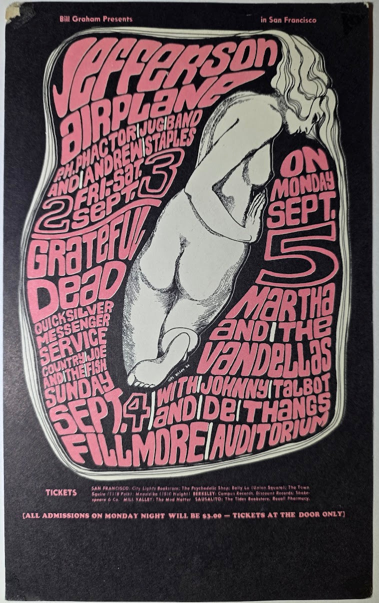 Jefferson Airplane, The Grateful Dead, Quicksilver Messenger Service, Country Joe & The Fish, The Fillmore by Wes Wilson - September 2-5, 1966 - Vintage Handbill