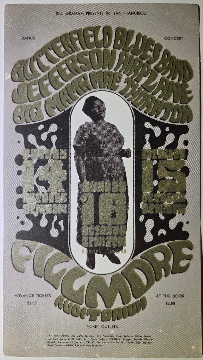 Butterfield Blues Band, Jefferson Airplane, Big Mama Mae Thornton, The Fillmore by Wes Wilson - October 14-15, 1966 - Vintage Handbill