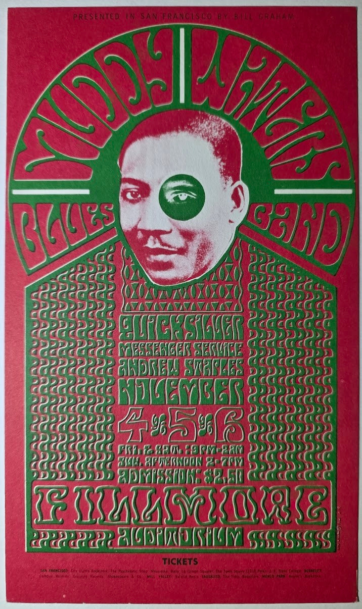 Muddy Waters Blues Band, Quicksilver Messenger Service, Andrew Staples, The Fillmore by Wes Wilson - November 4-6, 1966 - Vintage Postcard