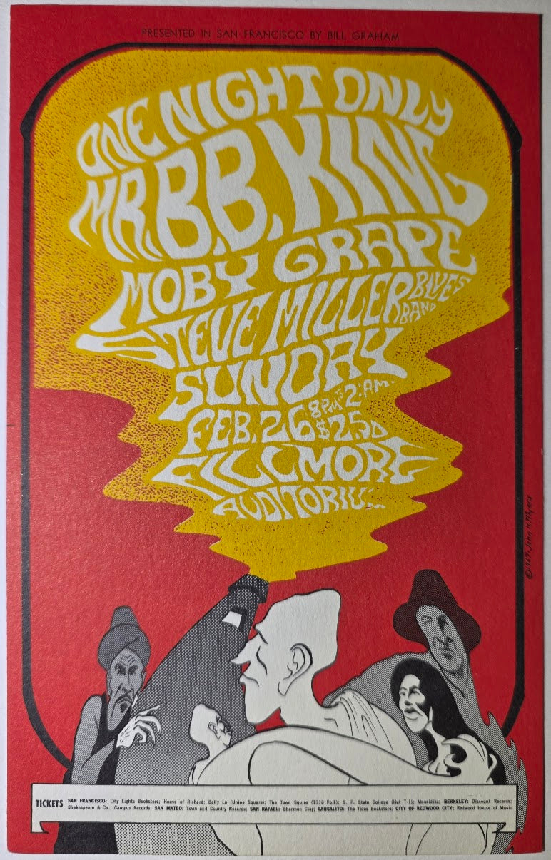 B.B. King, Moby Grape, Steve Miller Band, The Fillmore by John H. Myers - February 26, 1967 - Vintage Postcard
