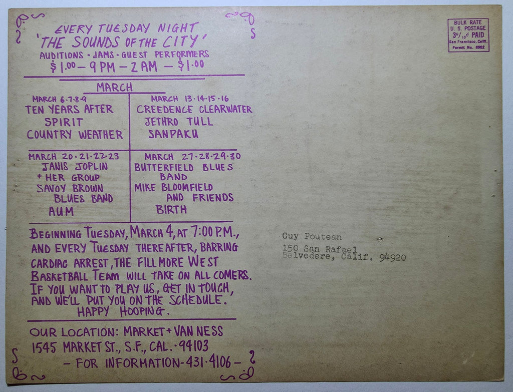 The Grateful Dead, Spirit, Ten Years After, The Sir Douglas Quintet, The Fillmore West by Lee Conklin, Herb Greene - February 27-28, March 6-9, 1969 - Vintage Handbill/Postcard
