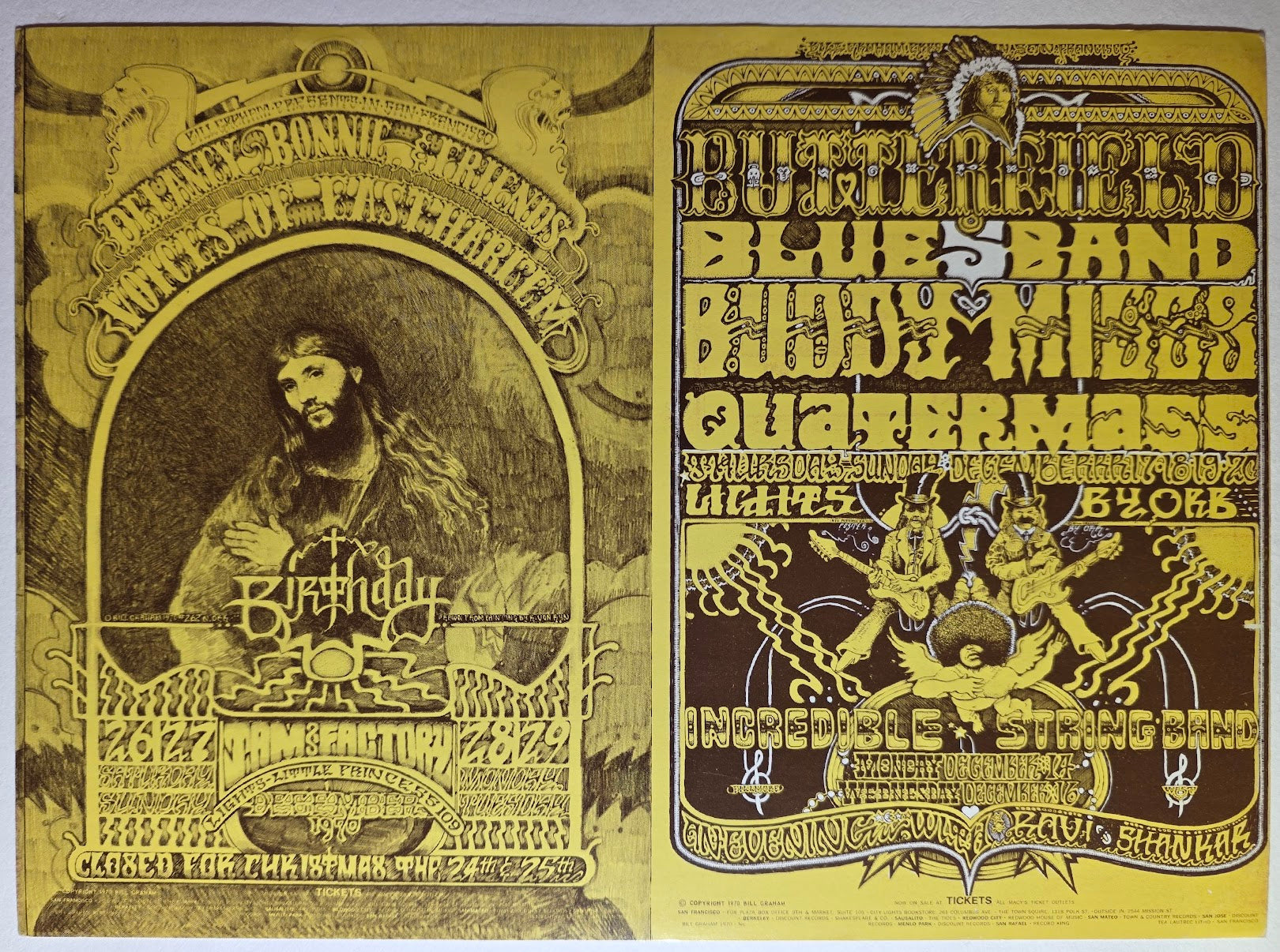 Butterfield Blues Band, Buddy Miles, The Incredible String Band, Ravi Shankar, The Fillmore West by Norman Orr - December 14-16, 26-28, 1970 - Vintage Handbill