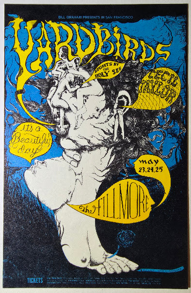 The Yardbirds, It's A Beautiful Day, Cecil Taylor, The Fillmore by Lee Conklin - May 23-25, 1968 - Vintage Handbill