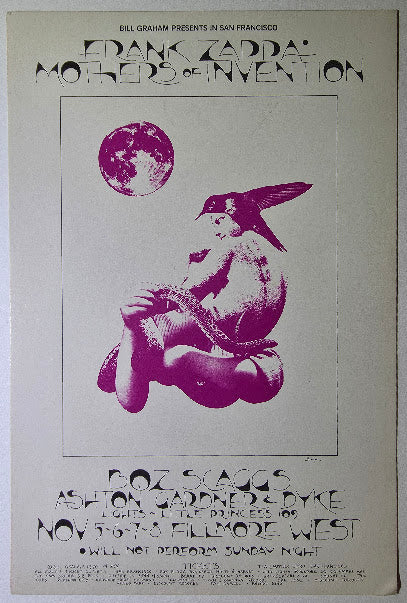 Frank Zappa, Mothers Of Invention, Boz Scaggs, The Fillmore West by David Singer - November 5-8, 1970 - Vintage Handbill