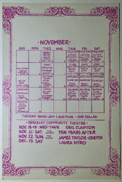 Frank Zappa, Mothers Of Invention, Boz Scaggs, The Fillmore West by David Singer - November 5-8, 1970 - Vintage Handbill
