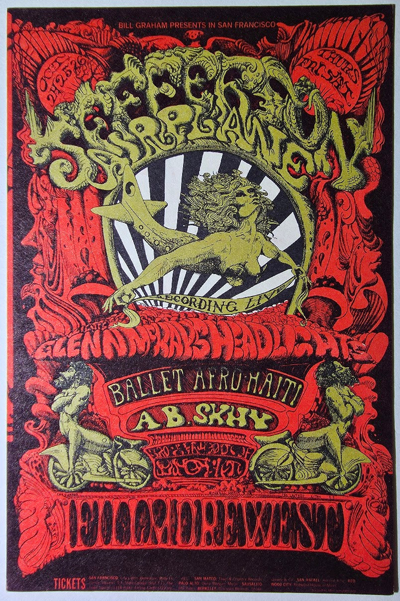 Jefferson Airplane, Ballet Afro-Haiti, A.B. Skhy, The Fillmore West by Lee Conklin - October 24-26, 1968 - Vintage Handbill