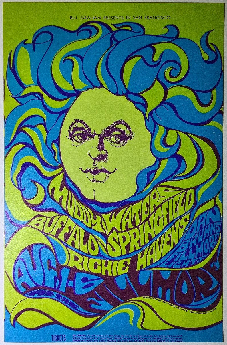 Muddy Waters, Buffalo Springfield, Richie Havens, The Fillmore by Bonnie MacLean - August 1-6, 1967 - Vintage Postcard