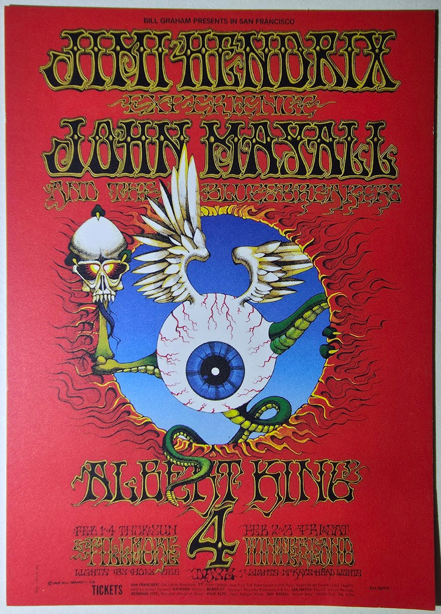 Jimi Hendrix, John Mayall & The Bluesbreakers, Albert King, The Fillmore, Winterland by Rick Griffin - February 1-4, 1968 - Vintage Postcard
