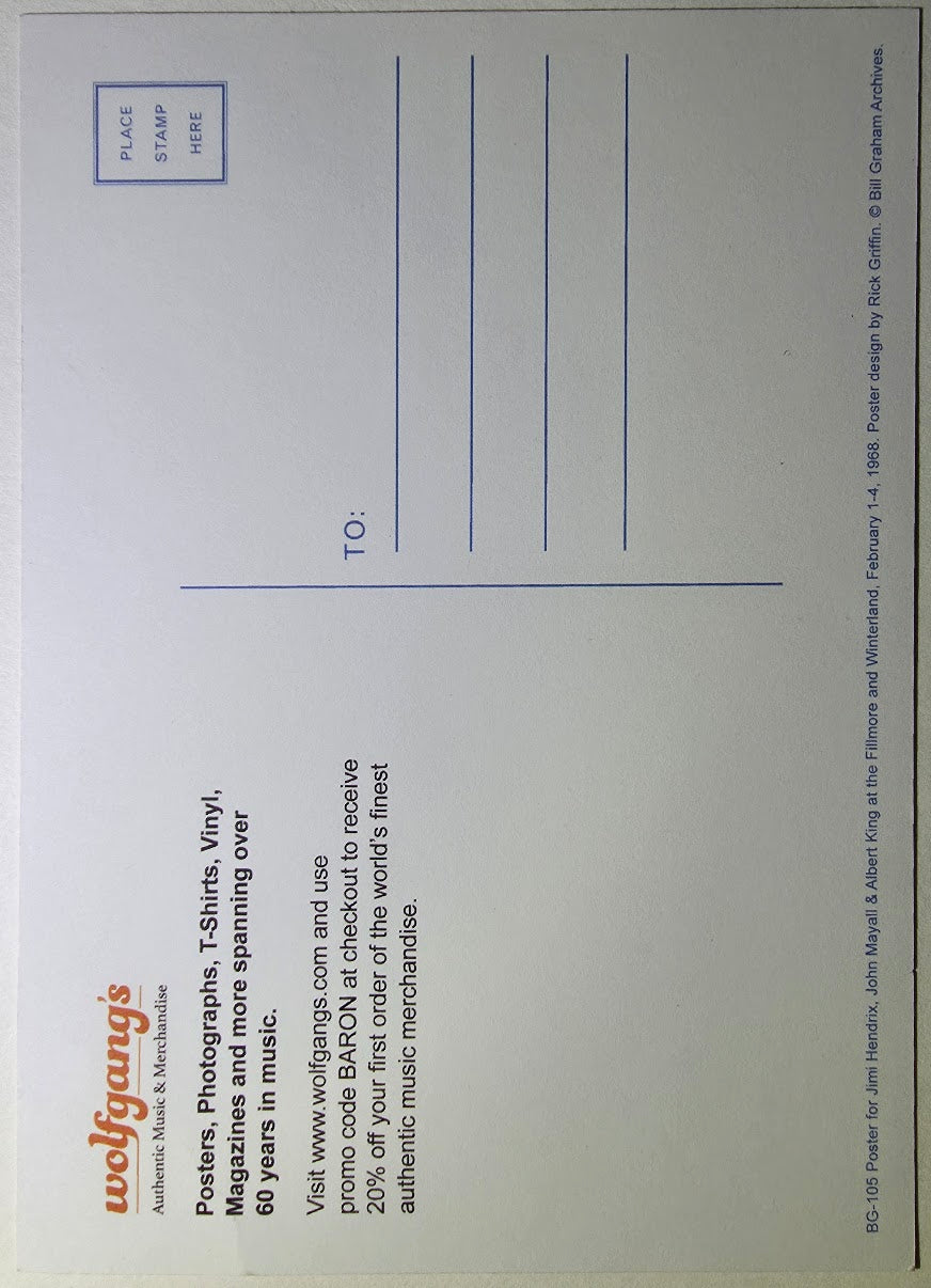 Jimi Hendrix, John Mayall & The Bluesbreakers, Albert King, The Fillmore, Winterland by Rick Griffin - February 1-4, 1968 - Vintage Postcard