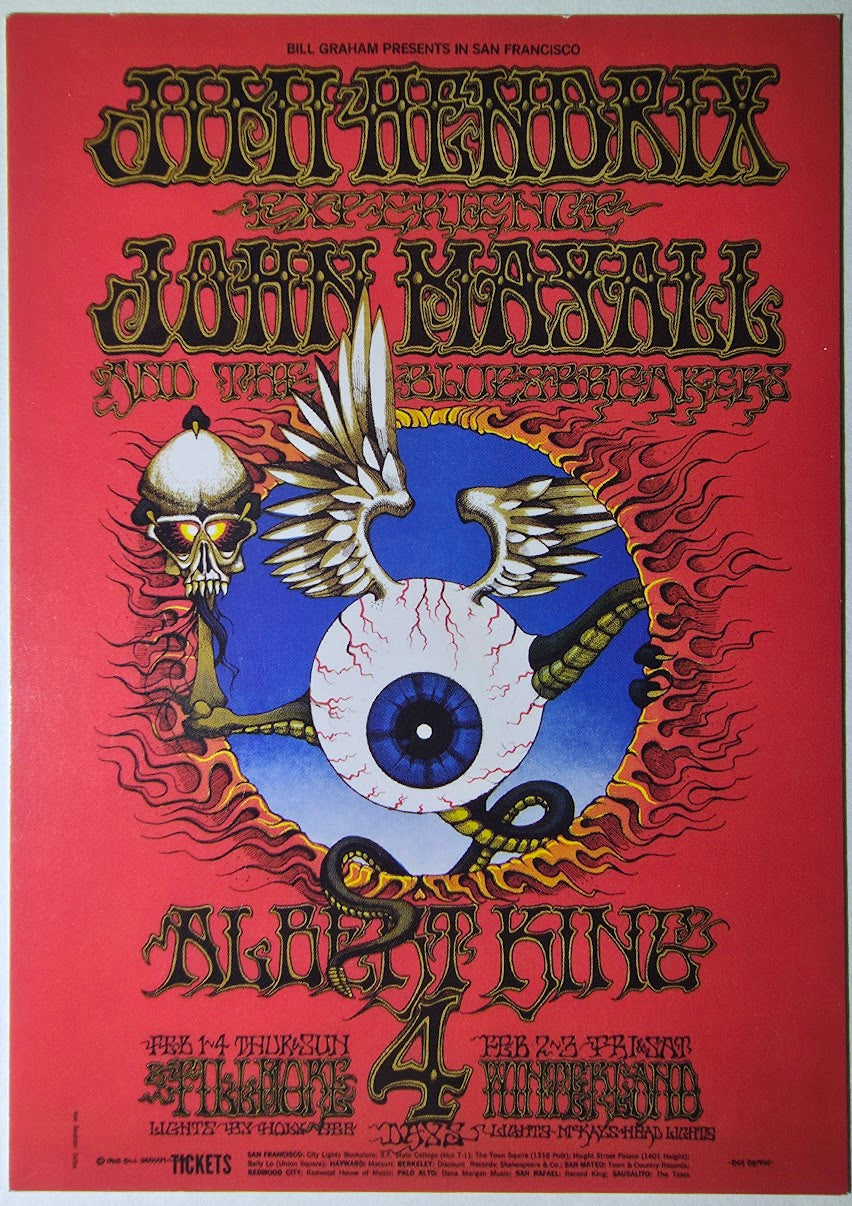 Jimi Hendrix, John Mayall & The Bluesbreakers, Albert King, The Fillmore, Winterland by Rick Griffin - February 1-4, 1968 - Vintage Postcard