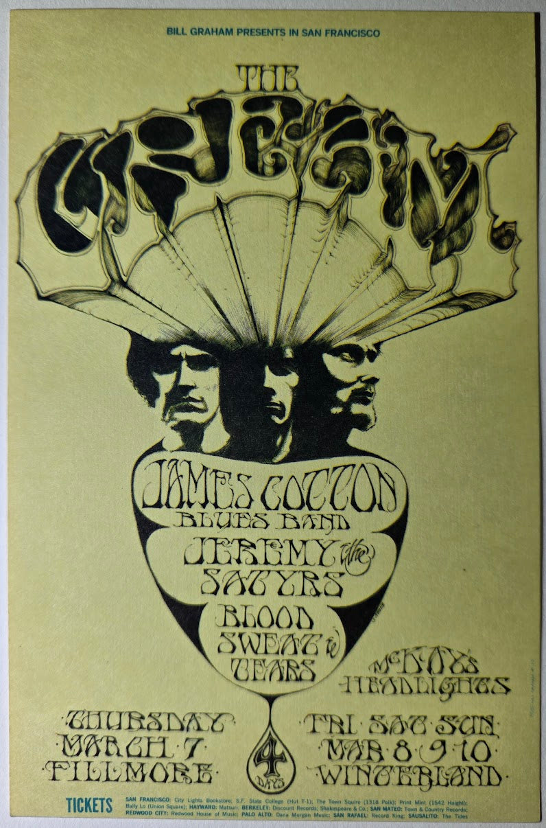 Cream, James Cotton Blues Band, Jeremy Steig & The Satyrs, Blood, Sweat & Tears, The Fillmore, Winterland by Stanley Mouse - March 7-10 - Vintage Postcard