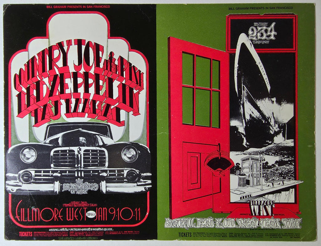 Country Joe & The Fish, Led Zeppelin, Taj Mahal, The Grateful Dead, Blood, Sweat & Tears, Spirit, The Fillmore West (Uncut) by Randy Tuten, D. Bread, Peter Pynchon - January 2-4, 9-11, 1969 - Vintage Uncut Postcard