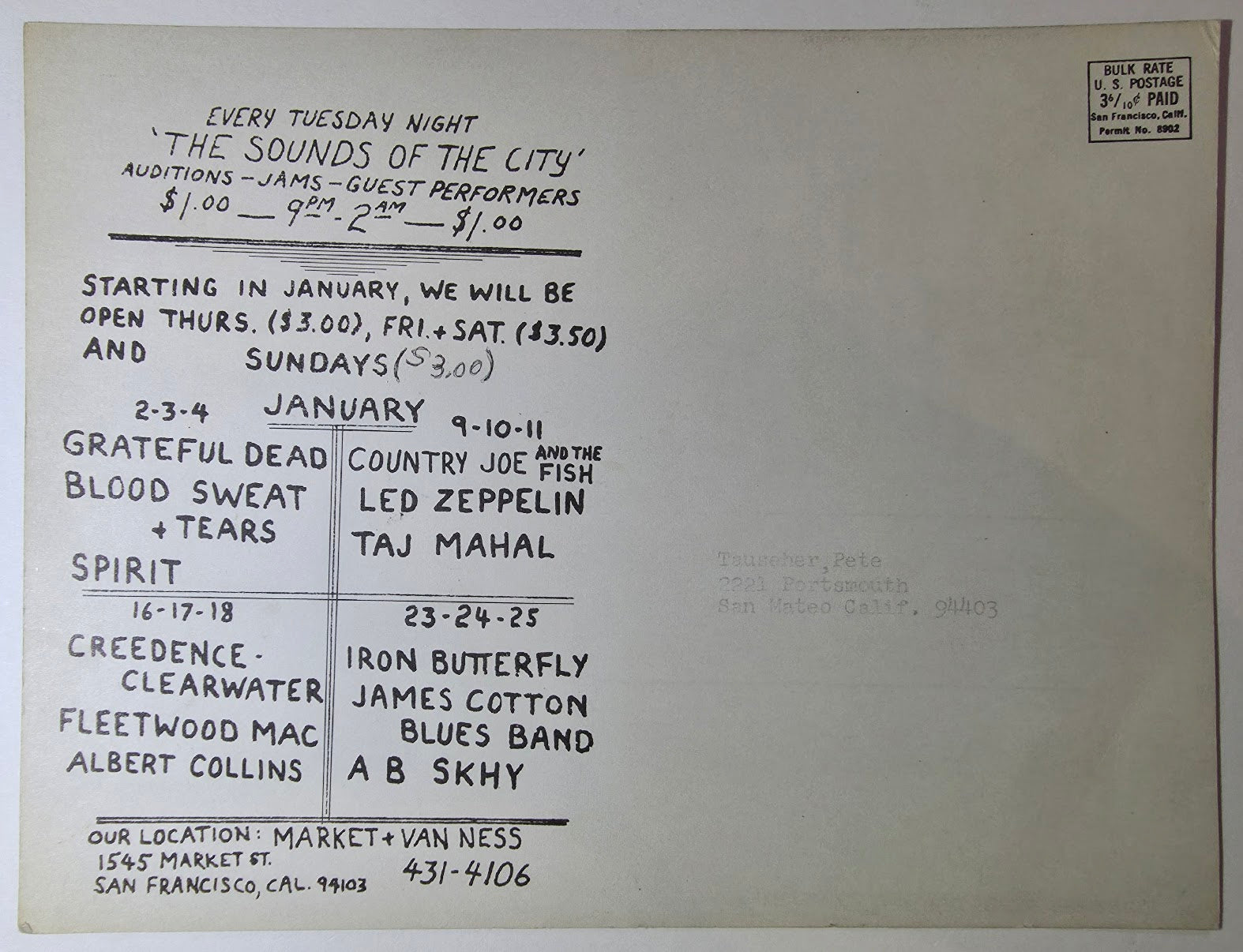 Country Joe & The Fish, Led Zeppelin, Taj Mahal, The Grateful Dead, Blood, Sweat & Tears, Spirit, The Fillmore West (Uncut) by Randy Tuten, D. Bread, Peter Pynchon - January 2-4, 9-11, 1969 - Vintage Uncut Postcard