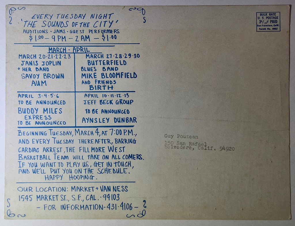 Creedence Clearwater Revival, Jethro Tull, Sanpaku, Janis Joplin, Savoy Brown, The Fillmore West, Winterland (Uncut) by Randy Tuten, D. Bread - March13-16, 20-23, 1969 - Vintage Uncut Postcard