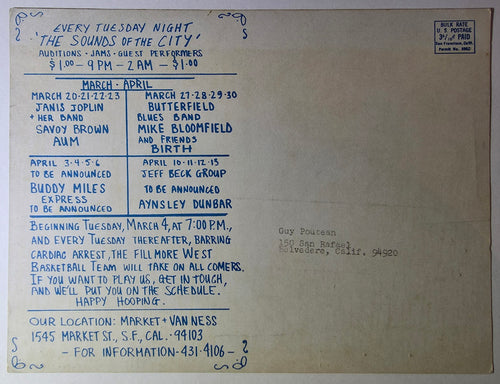 Creedence Clearwater Revival, Jethro Tull, Sanpaku, Janis Joplin, Savoy Brown, The Fillmore West, Winterland (Uncut) by Randy Tuten, D. Bread - March13-16, 20-23, 1969 - Vintage Uncut Postcard