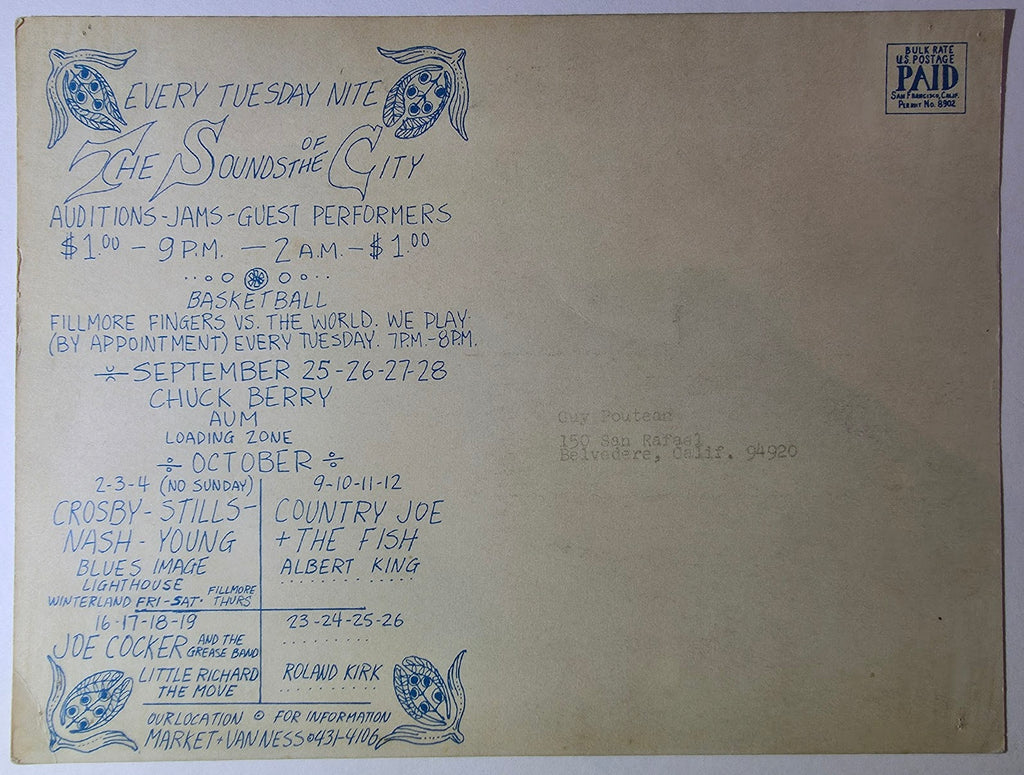 Chuck Berry, Aum, Tghe Loading Zone, Crosby, Stills, Nash & Young, Blues Image, John Sebastian, The Fillmore West, Winterland (Uncut) by Greg Irons - September 25-28, October 2-4, 1969 - Vintage Uncut Postcard