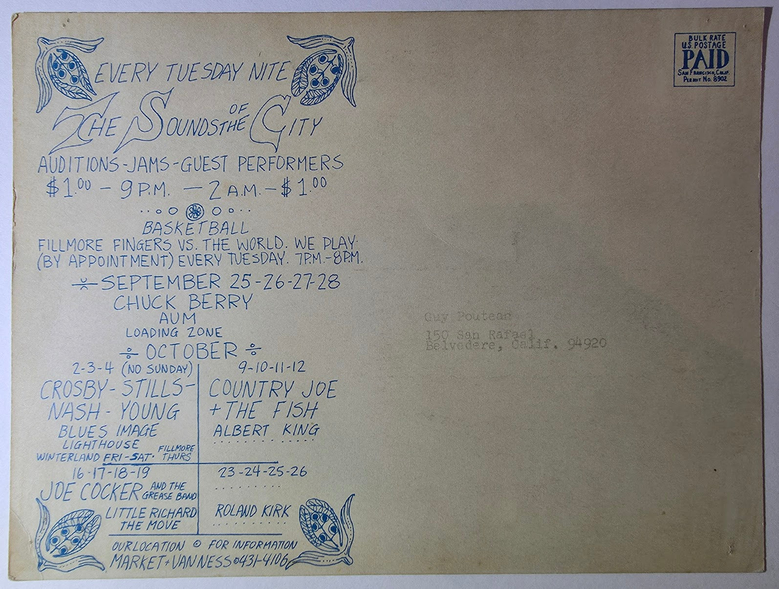 Chuck Berry, Aum, Tghe Loading Zone, Crosby, Stills, Nash & Young, Blues Image, John Sebastian, The Fillmore West, Winterland (Uncut) by Greg Irons - September 25-28, October 2-4, 1969 - Vintage Uncut Postcard