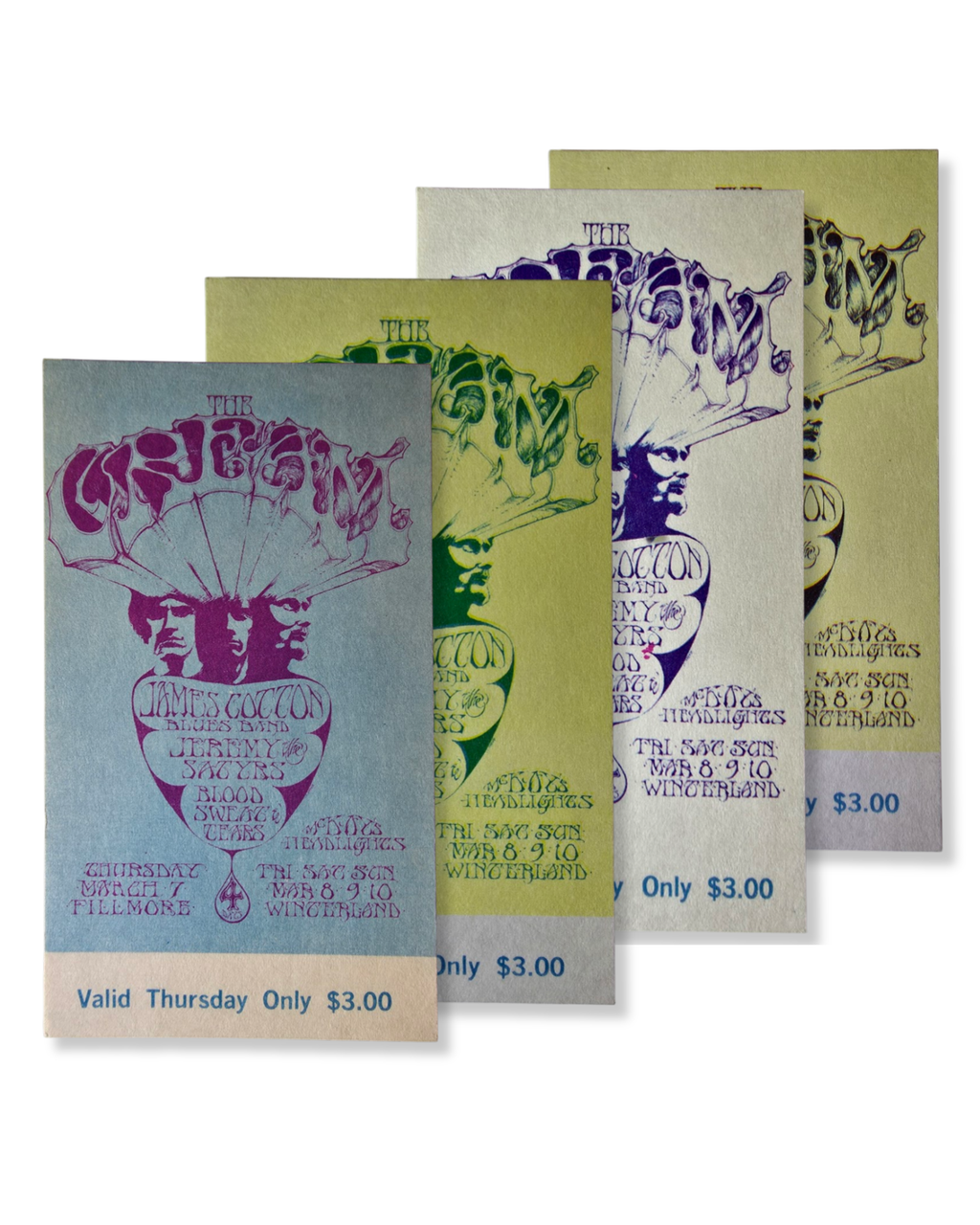 Vintage Ticket Bundle - 4 Night Run - Cream, James Cotton Blues Band, Jeremy Steig & The Satyrs, Blood, Sweat & Tears by Stanley Mouse - March 7-10, 1968 - The Fillmore, Winterland