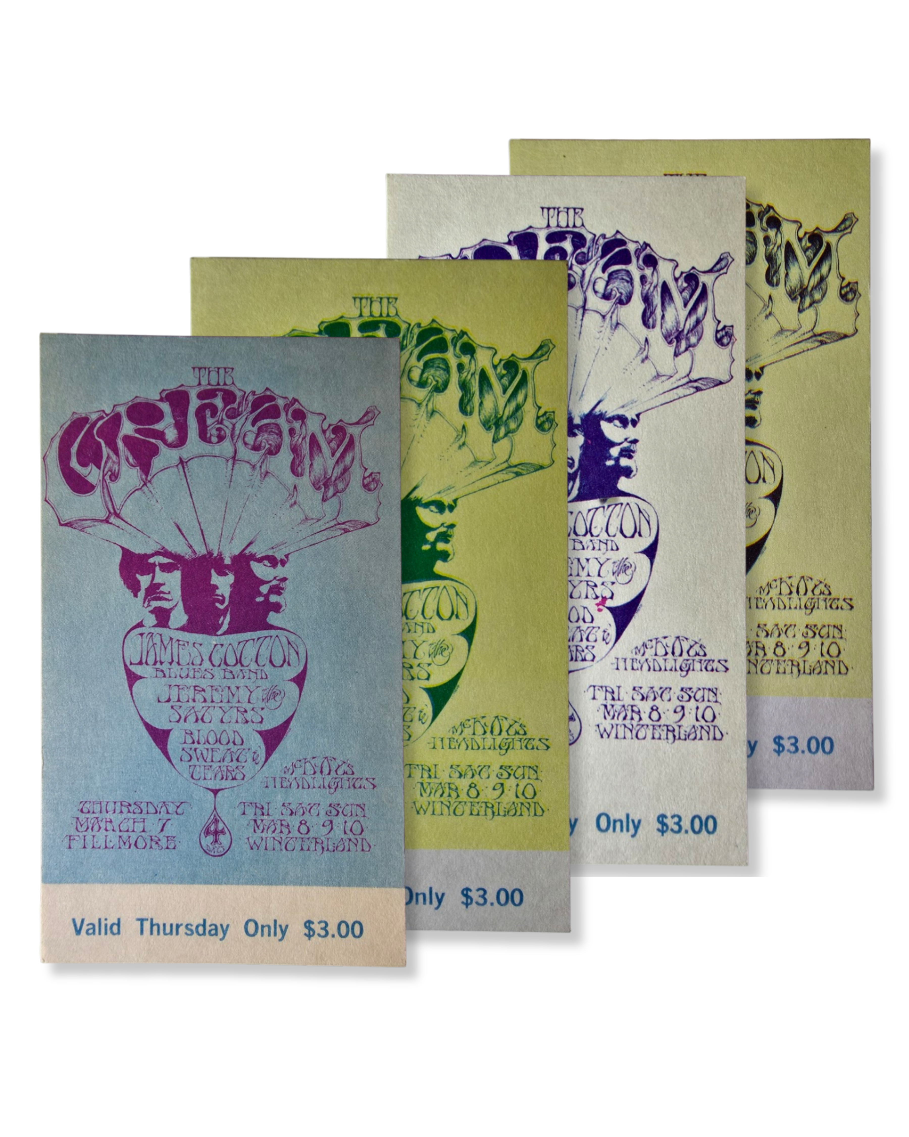 Vintage Ticket Bundle - 4 Night Run - Cream, James Cotton Blues Band, Jeremy Steig & The Satyrs, Blood, Sweat & Tears by Stanley Mouse - March 7-10, 1968 - The Fillmore, Winterland