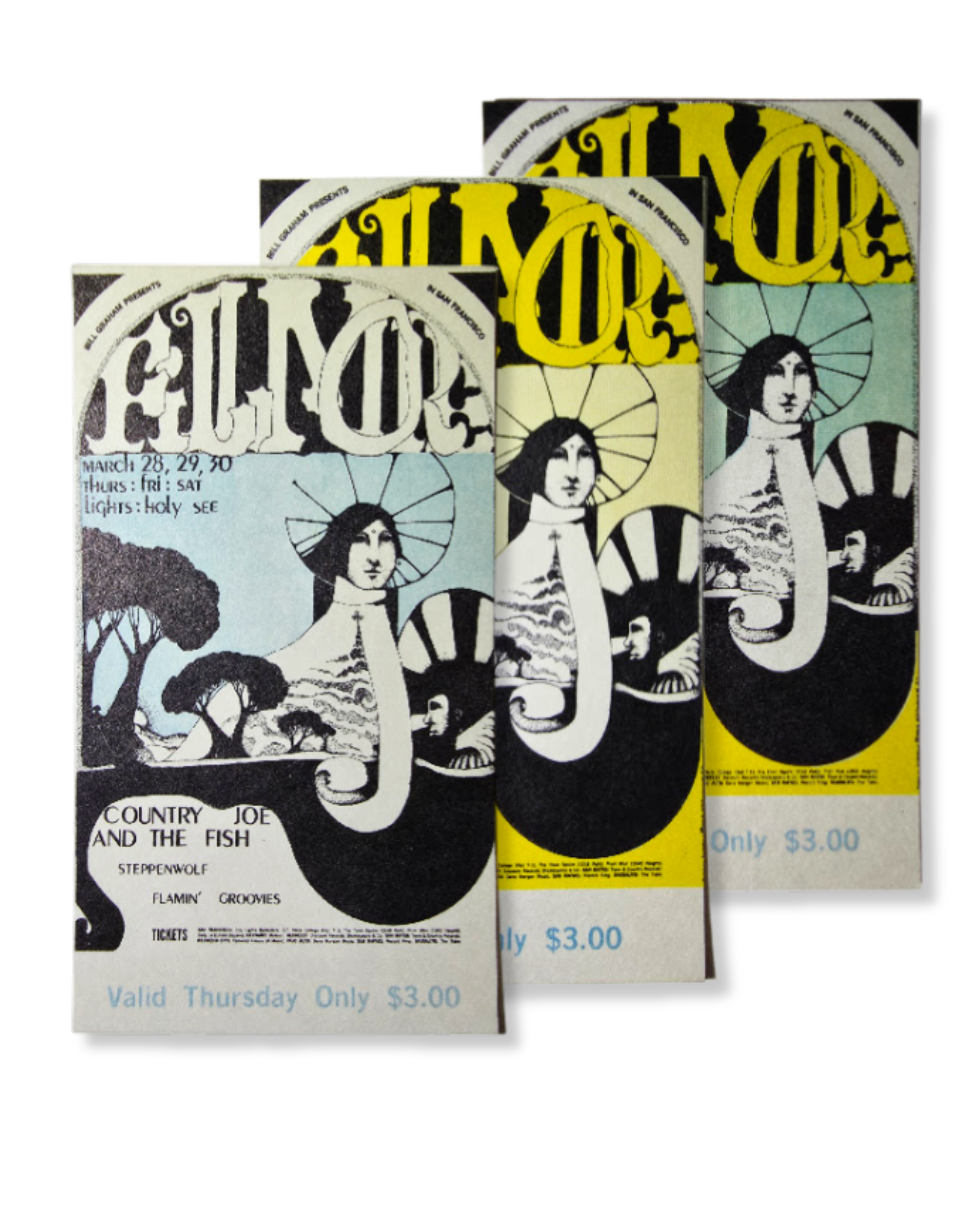 Vintage Ticket Bundle - 3 Night Run - Country Joe & The Fish, Steppenwolf, The Flamin' Groovies by Dana W. Johnson - March 28-30, 1968 - The Fillmore