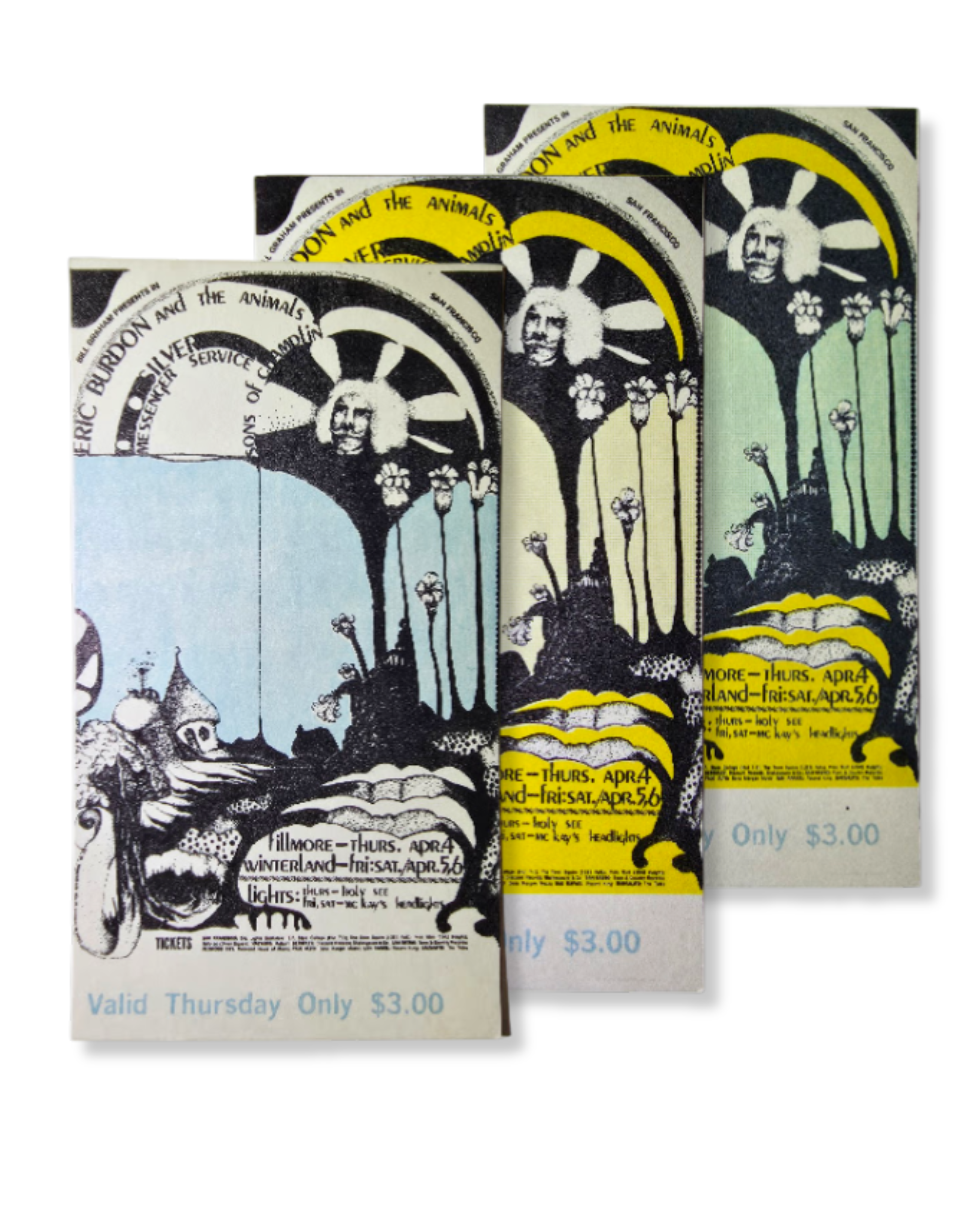 Vintage Ticket Bundle - 3 Night Run - Eric Burdon & The Animals, Quicksilver Messenger Service, The Sons Of Champlin by Dana W. Johnson - April 4-6, 1968 - The Fillmore,