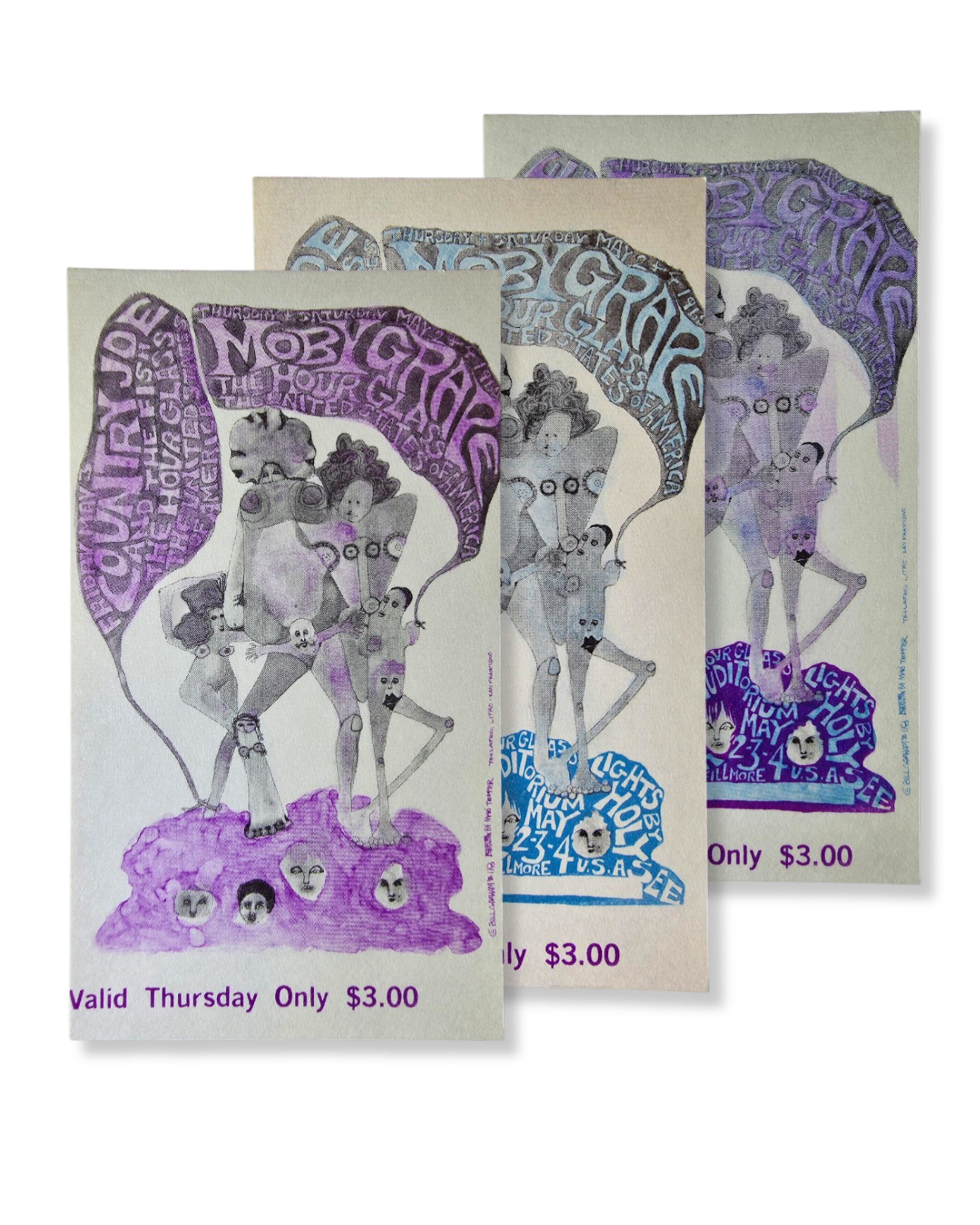 Vintage Ticket Bundle - 3 Night Run - Moby Grape, Hour Glass, Country Joe & The Fish by Mari Tepper - May 2-4, 1968 - The Fillmore