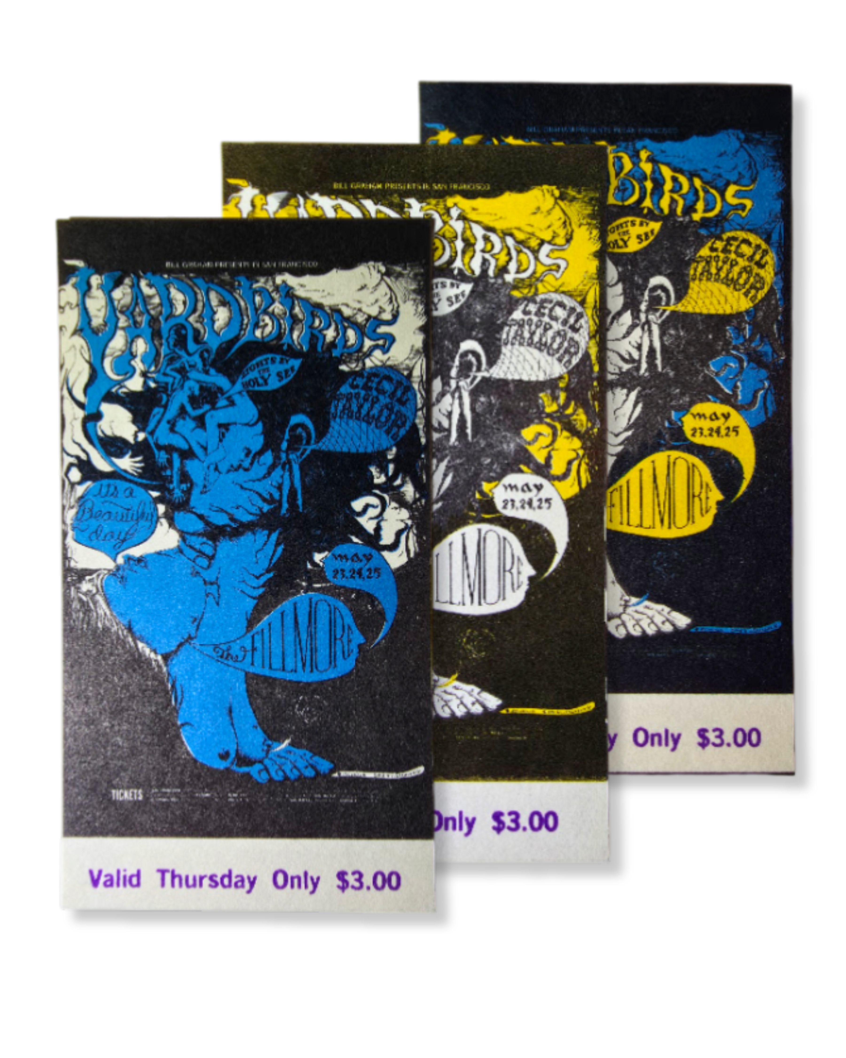 Vintage Ticket Bundle - 3 Night Run - Yardbirds, It's A Beautiful Day, Cecil Taylor by Lee Conklin - May 23-25, 1968 - The Fillmore