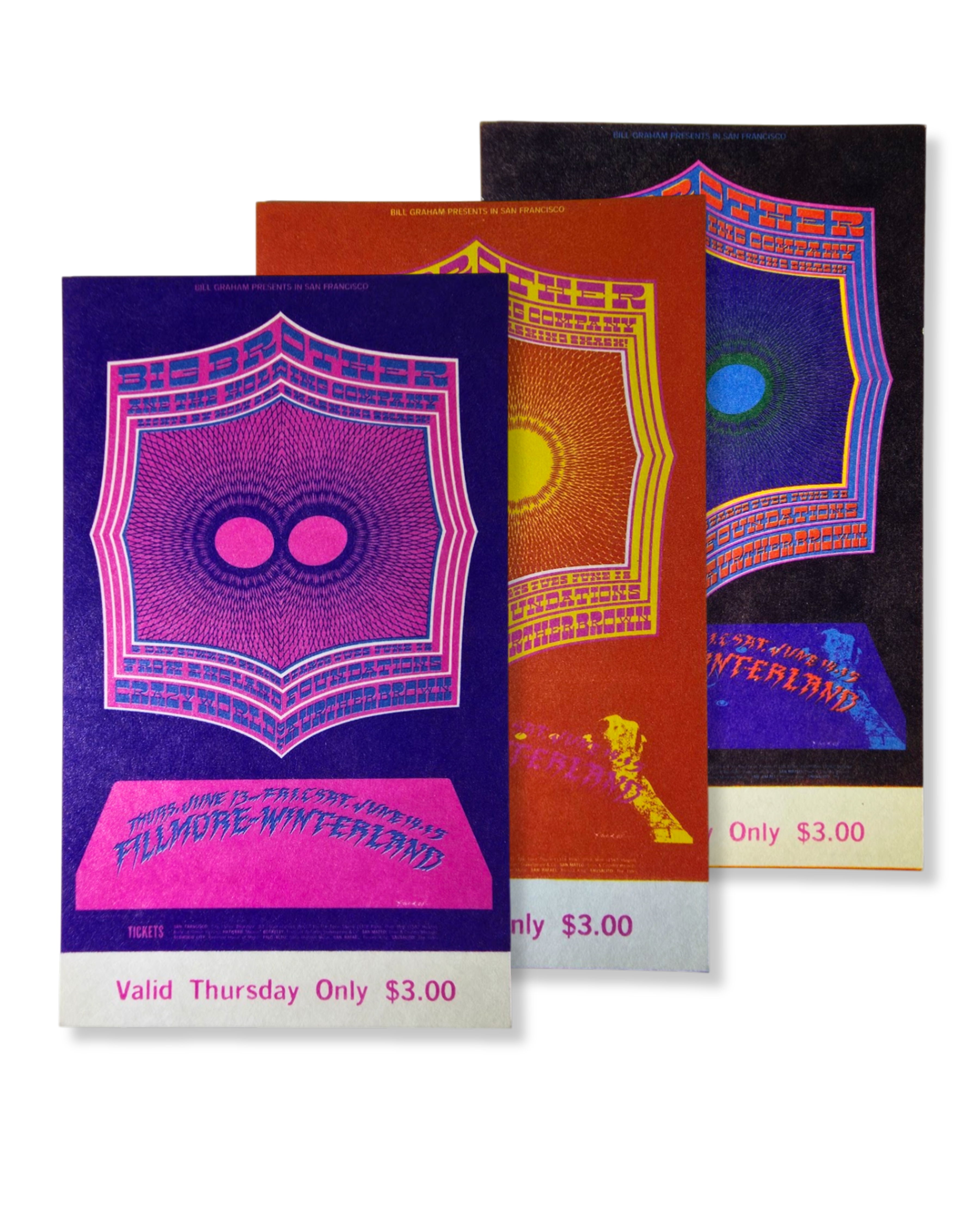Vintage Ticket Bundle - 3 Night Run - Big Brother & The Holding Co, The Foundations, The Crazy World Of Arthur Brown by Robert Fried, Jonathan Julian - June 13-15, 1968 - The Fillmore