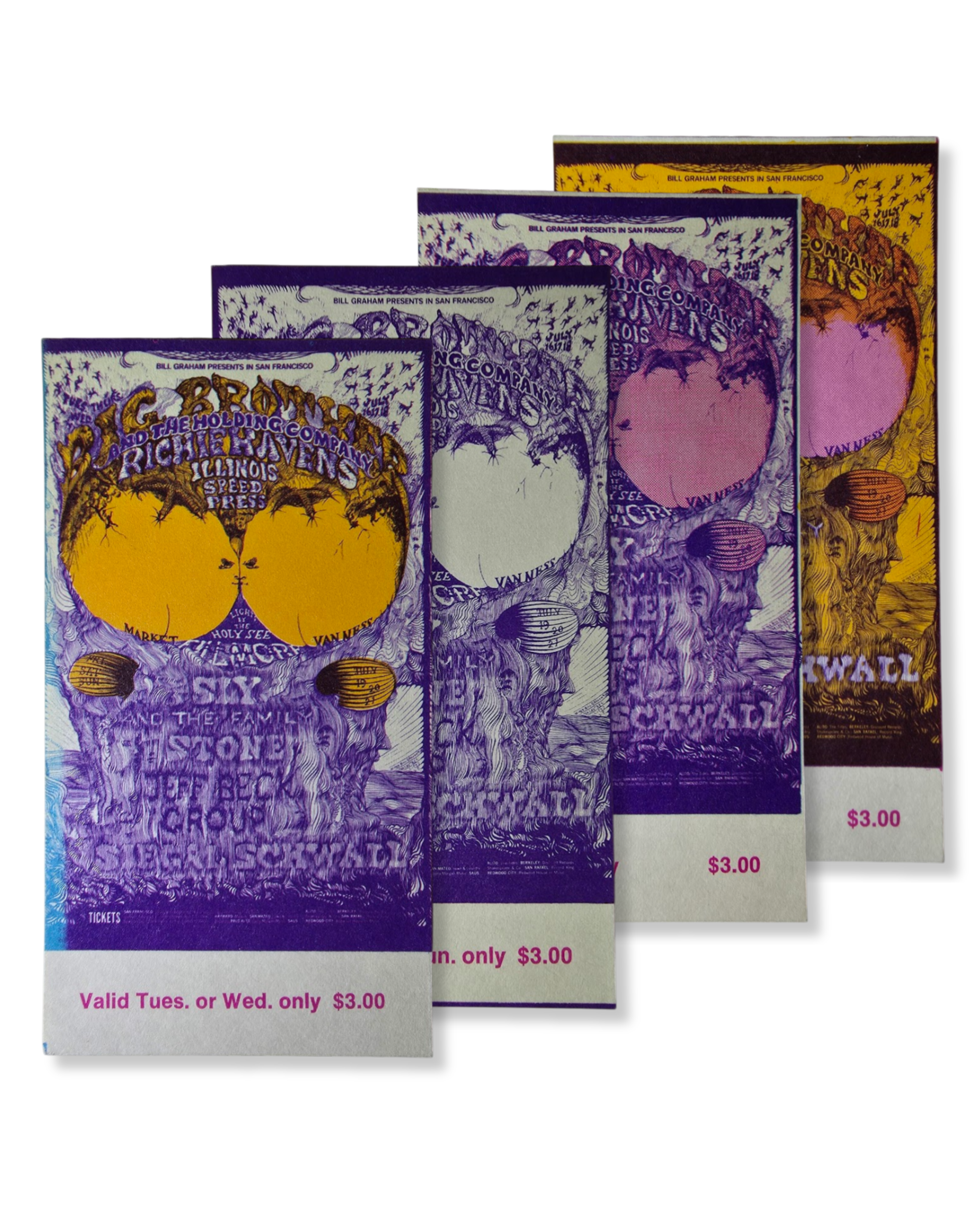 Vintage Ticket Bundle - 4 Night Run - Big Brother & The Holding Co, Richie Havens, Sly & The Family Stone, Jeff Beck West by Lee Conklin - July 16-19, 1968 - The Fillmore